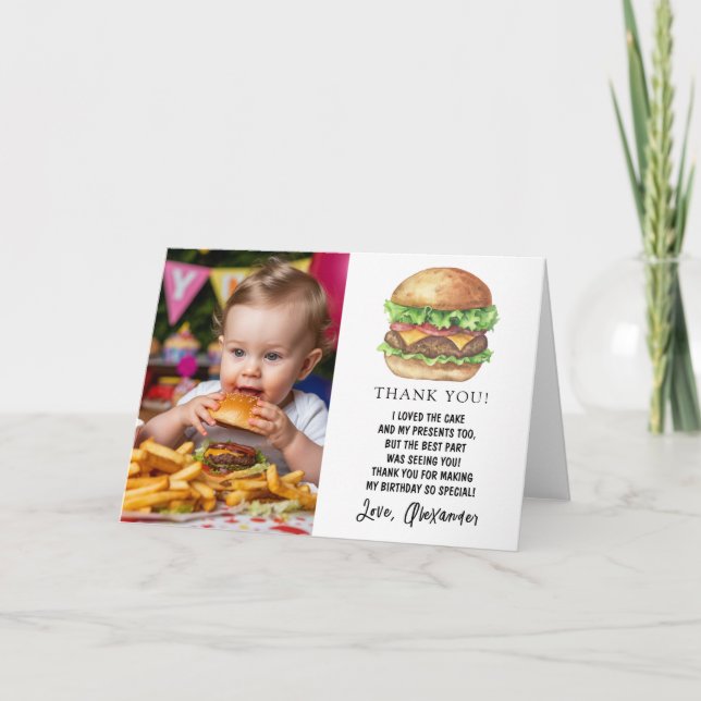 Watercolor Burger Party Birthday Thank You Card (Front)