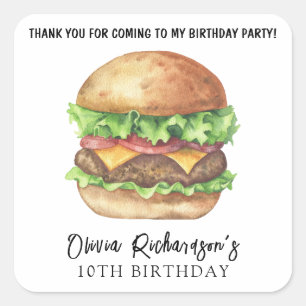 Watercolor Burger Party Birthday Thank You Square Sticker