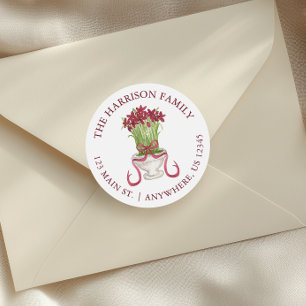 Watercolor Burgundy Amaryllis Christmas Address Classic Round Sticker