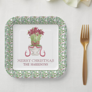 Watercolor Burgundy Amaryllis Christmas Paper Plate