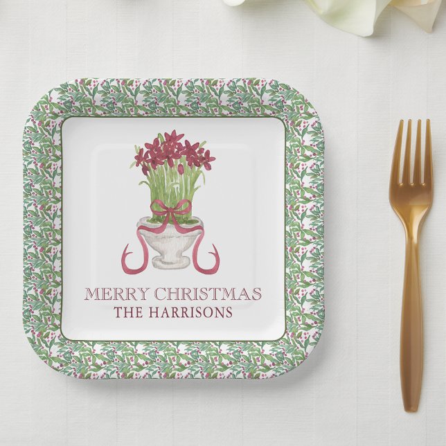 Watercolor Burgundy Amaryllis Christmas Paper Plate (Creator Uploaded)