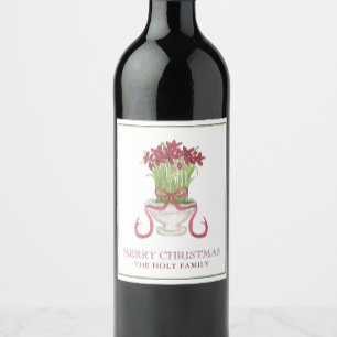Watercolor Burgundy Amaryllis Christmas Wine Label