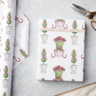 Watercolor Burgundy Amaryllis & Topiary Christmas Wrapping Paper