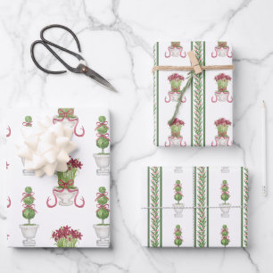 Watercolor Burgundy Amaryllis & Topiary Christmas Wrapping Paper Sheet