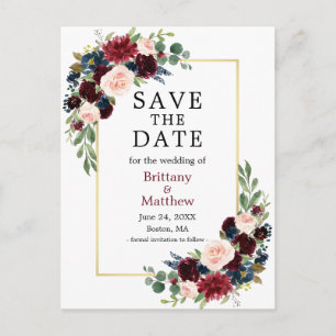 Watercolor Burgundy and Blue Floral Save the Date Postcard