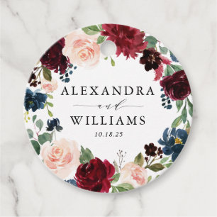 Watercolor Burgundy and Blue Floral Wreath Wedding Favour Tags