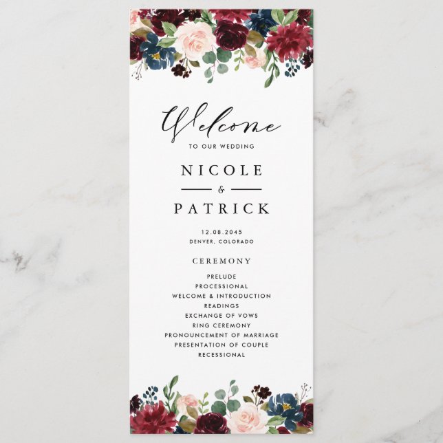 Watercolor Burgundy and Blue Flowers Wedding Program (Front)
