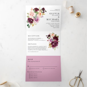 Watercolor Burgundy and Blush Florals Fall Wedding Tri-Fold Invitation