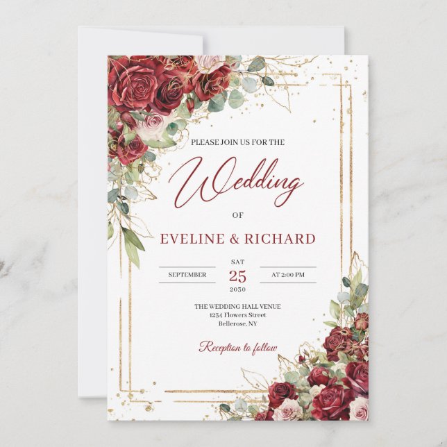Watercolor burgundy and blush roses eucalyptus invitation (Front)