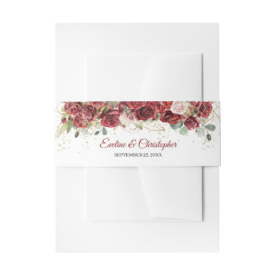 Watercolor burgundy and blush roses eucalyptus invitation belly band