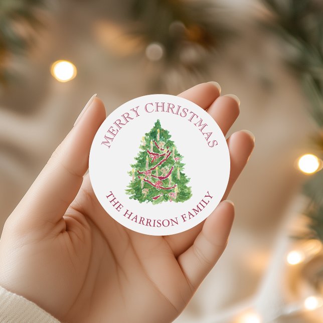 Watercolor Burgundy and Green Christmas Tree Classic Round Sticker (Creator Uploaded)