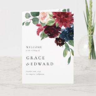 Watercolor Burgundy and Navy Blue Flowers Wedding Program