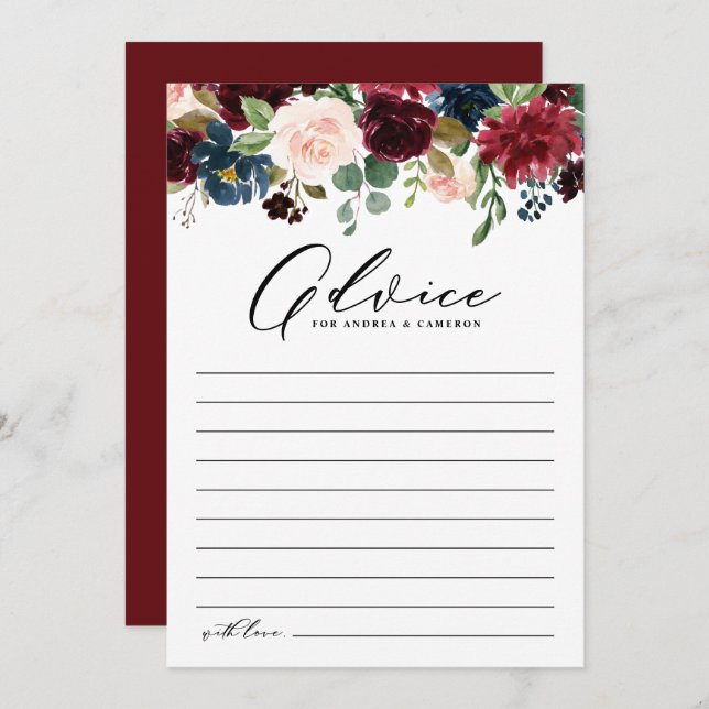 Watercolor Burgundy and Navy Flowers Wedding Advice Card (Front/Back)