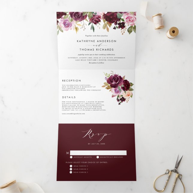 Watercolor Burgundy and Purple Floral Fall Wedding Tri-Fold Invitation (Inside)