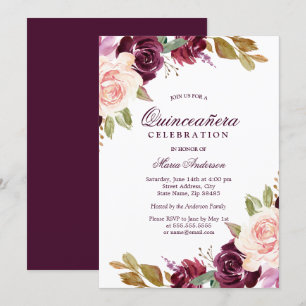 Watercolor Burgundy Berry Blush Quinceanera Party Invitation