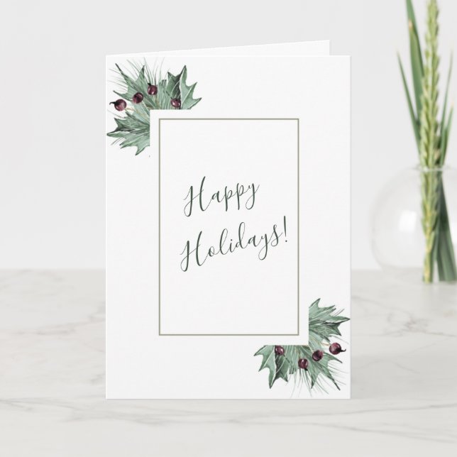 Watercolor Burgundy Berry, PIne & Holly Holiday Card (Front)
