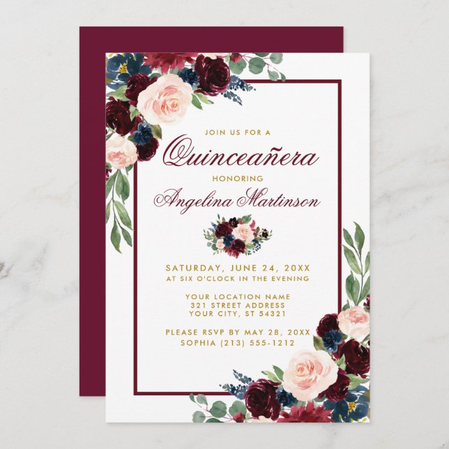 Watercolor Burgundy Blue Floral Gold Quinceanera Invitation (Front/Back)