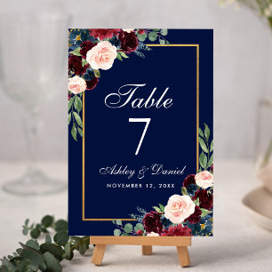 Watercolor Burgundy Blue Floral Gold Wedding Table Number
