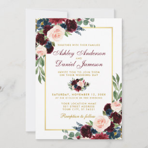 Watercolor Burgundy Blue Floral Gold Wedding W Invitation