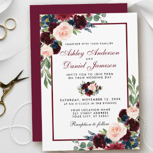 Watercolor Burgundy Blue Floral Wedding B Invitation