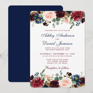 Watercolor Burgundy Blue Floral Wedding Elegant Invitation