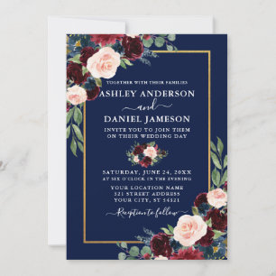 Watercolor Burgundy Blue Floral Wedding Gold Frame Invitation