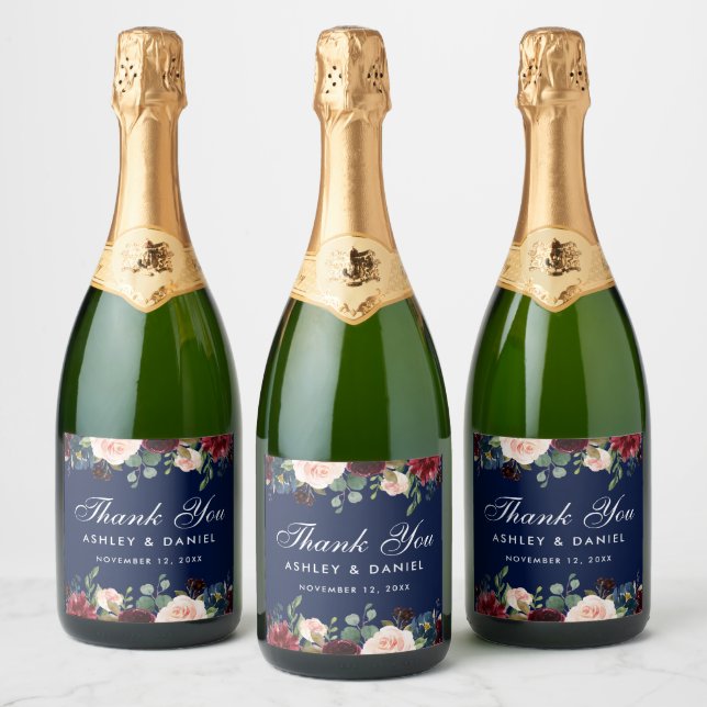 Watercolor Burgundy Blue Floral Wedding Sparkling Wine Label (Bottles)