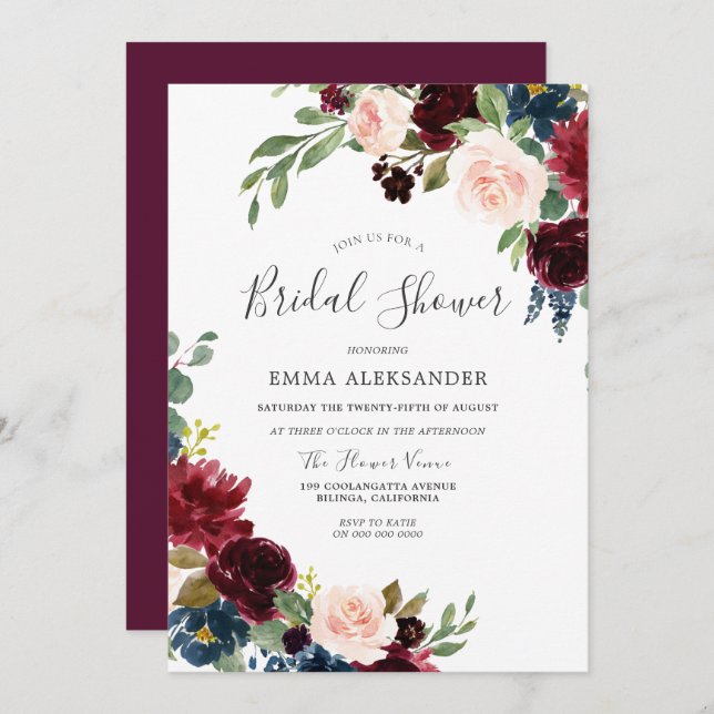 Watercolor Burgundy & Blush Bridal Shower Invite (Front/Back)