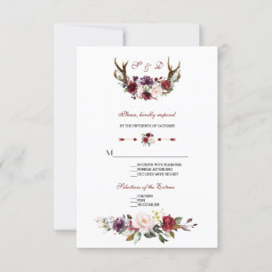 Watercolor Burgundy Blush Floral Antlers Wedding RSVP Card
