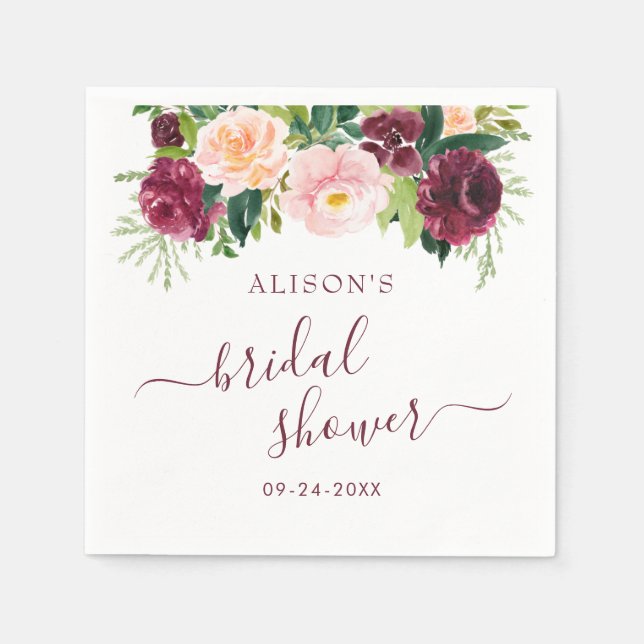 Watercolor Burgundy Blush Floral Bridal Shower Napkin (Front)