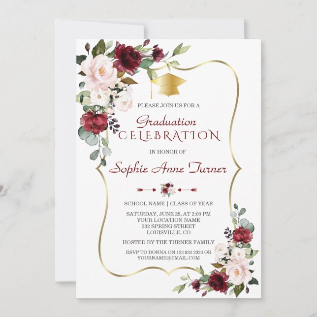 Watercolor Burgundy Blush Floral Graduation Party Invitation (Front)