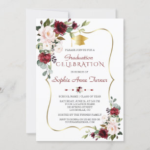 Watercolor Burgundy Blush Floral Graduation Party Invitation
