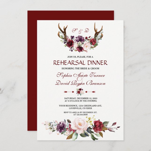 Watercolor Burgundy Blush Floral Rehearsal Dinner Invitation (Front/Back)