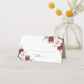 Watercolor Burgundy Blush Floral Wedding Folded Place Card