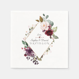 Watercolor Burgundy Blush Flowers Frame Wedding Napkin