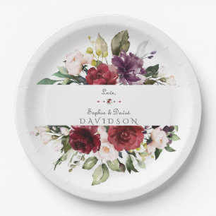 Watercolor Burgundy Blush Flowers Frame Wedding Paper Plate