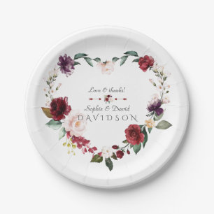 Watercolor Burgundy Blush Flowers Wreath Wedding Paper Plate