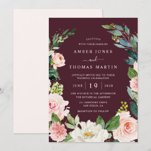 Watercolor Burgundy Blush Gold Floral Wedding Invitation