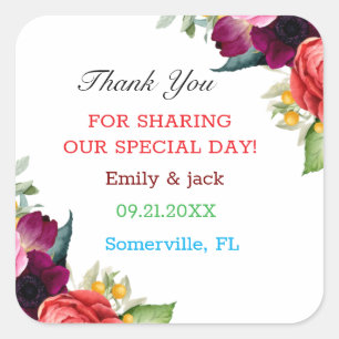 Watercolor Burgundy Blush Navy Blue Floral Wedding Square Sticker