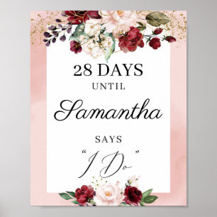 Watercolor burgundy blush pink countdown sign