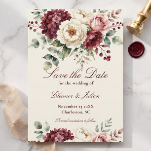 Watercolor Burgundy Blush Pink Floral Wedding Save The Date