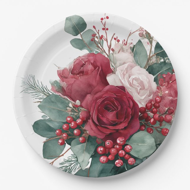 Watercolor Burgundy & Blush Roses Bridal Shower Paper Plate (Front)