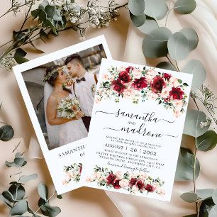 Watercolor Burgundy Blush Roses Photo Wedding Invitation