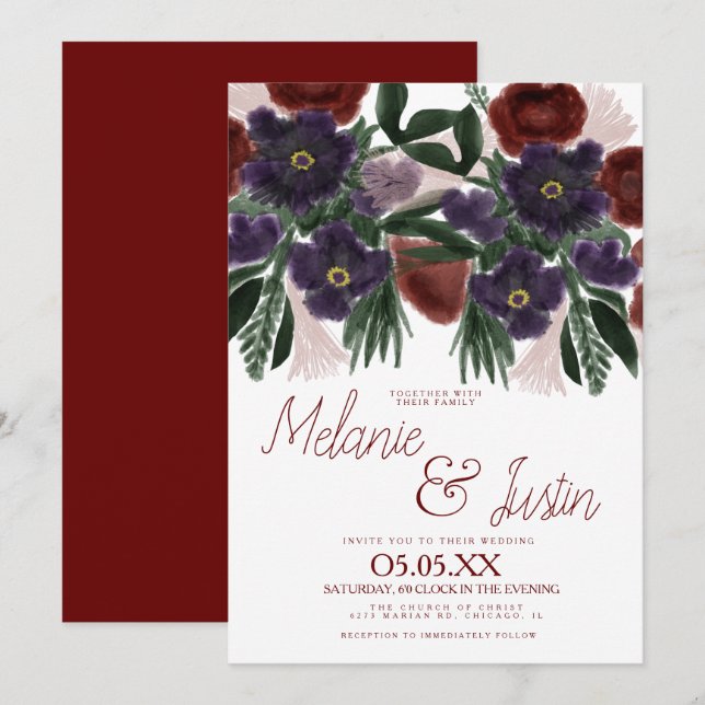 Watercolor Burgundy Bold Bouquet  Floral Wedding Invitation (Front/Back)