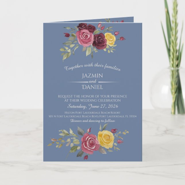  Watercolor Burgundy Country Roses Blue Invitation (Front)