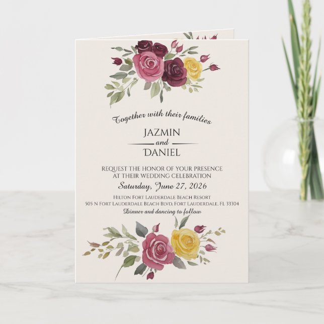  Watercolor Burgundy Country Roses Cream Invitation (Front)