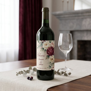Watercolor Burgundy Cream Hydrangea Peony Wedding Wine Label