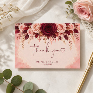 Watercolor Burgundy Elegance Rose Floral Wedding Thank You Card