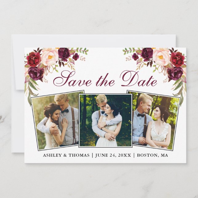 Watercolor Burgundy Floral 3 Photos Save The Date (Front)