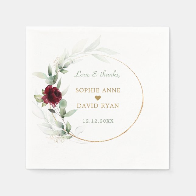 Watercolor Burgundy Floral Airy Leaves Wedding  Napkin (Front)